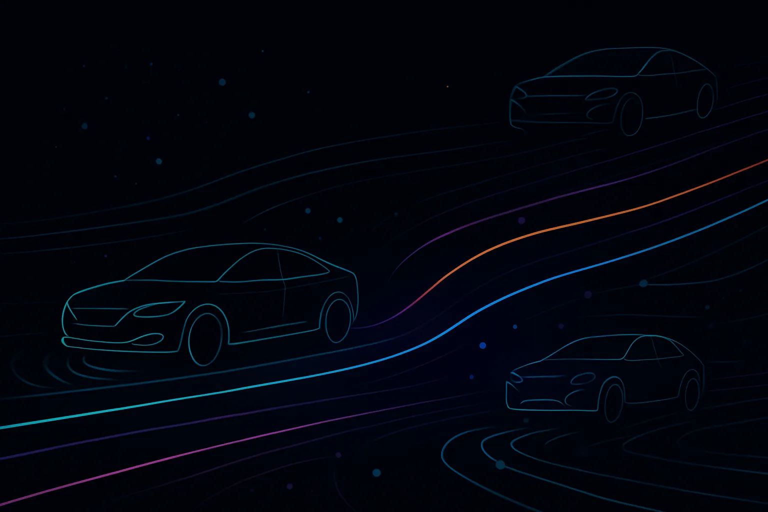 Outlines of cars on dark lanes with neon sensor lines